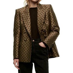Zara Brown Green Geometric Print Double Breasted Jaquard Blazer Sz S - Spain